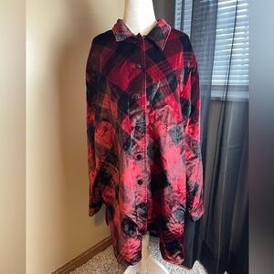 CJ Banks Plaid Velvet Red Black Button Down Tunic Top Size 2X